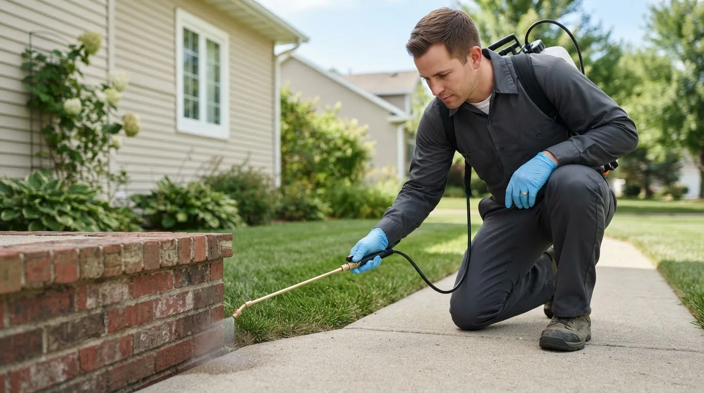 Pest control technician treating a home near Isle, MN
