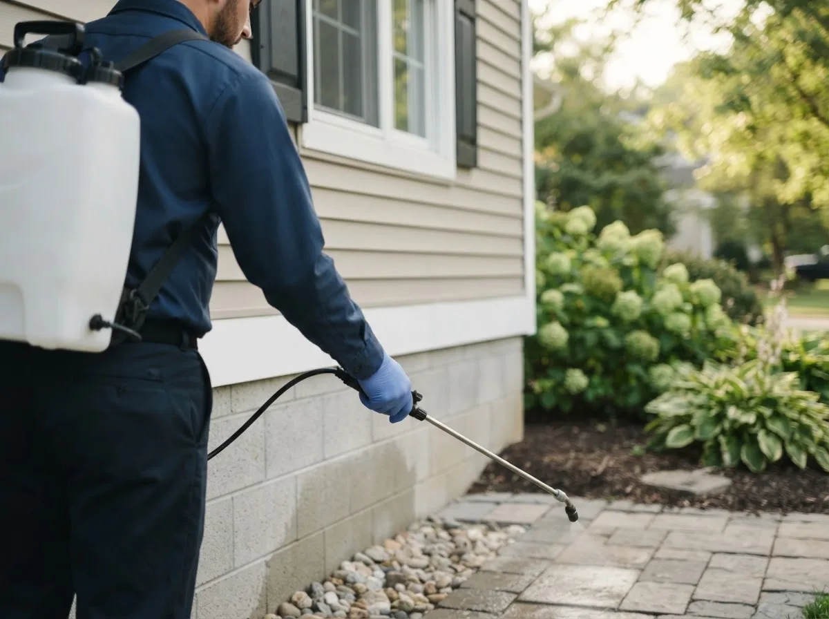 Pest control technician inspecting a home in Isle, MN
